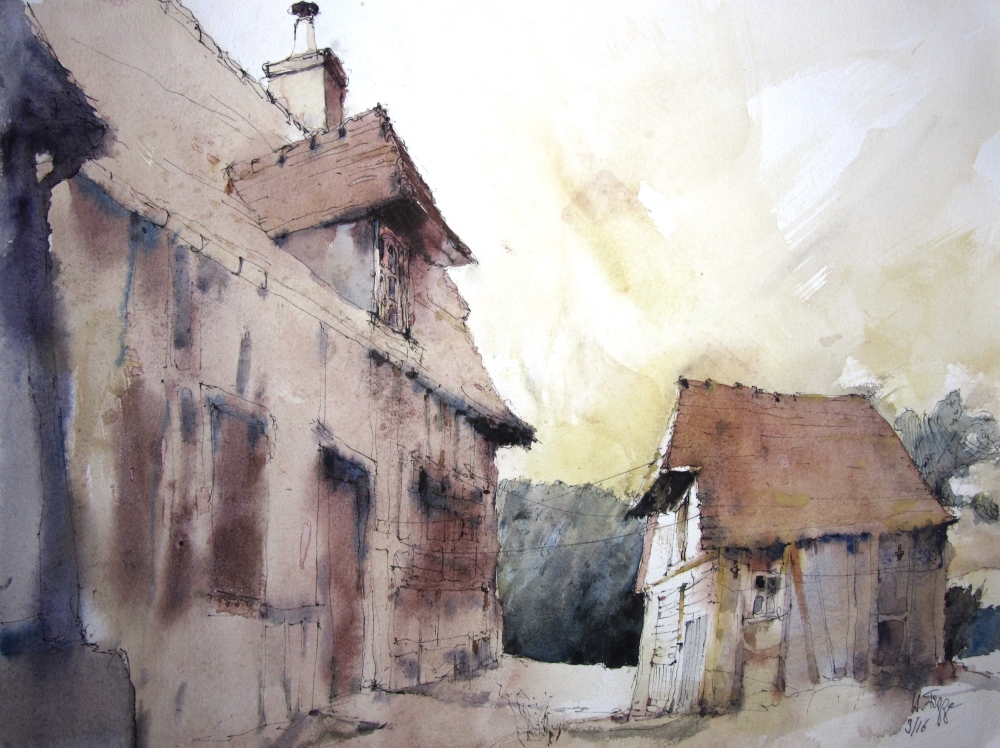 Aquarell Bild Altes Gehöft